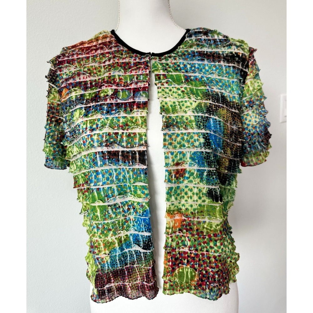VNTG R&K Originals Women 10 Multicolor Lettuce Edge Abstract Open Front Cardigan